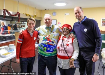 From his 'delightful surprise' attendance at the VE Day tea party at Buckingham Palac eto his festive visit to a homelessness charity (above), three high-profile engagements revealed how Prince George is 'being well prepared for his unique royal role' by his parents. The young prince is seen here during a visit to The Passage in central London with Prince William (far left)