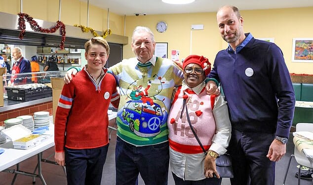 From his 'delightful surprise' attendance at the VE Day tea party at Buckingham Palac eto his festive visit to a homelessness charity (above), three high-profile engagements revealed how Prince George is 'being well prepared for his unique royal role' by his parents. The young prince is seen here during a visit to The Passage in central London with Prince William (far left)