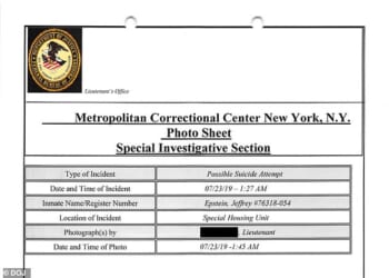 Beside the photographs, documents from the Metropolitan Correctional Center in New York where Epstein was being held denote a 'possible suicide attempt' in the early hours of January 23, 2019, as shown above - six months before his death on August 10, 2019