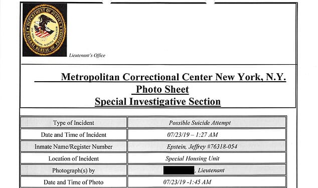 Beside the photographs, documents from the Metropolitan Correctional Center in New York where Epstein was being held denote a 'possible suicide attempt' in the early hours of January 23, 2019, as shown above - six months before his death on August 10, 2019