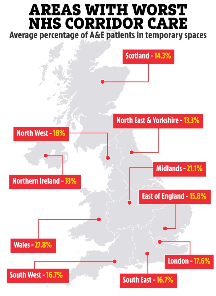 Illustration of a map of the UK showing the average percentage of A&E patients in temporary spaces by region.