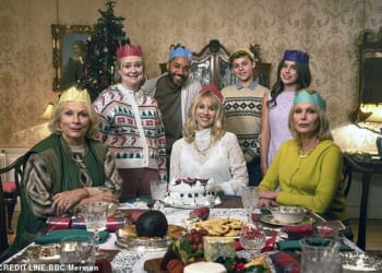 Seated, left to right, Jennifer Saunders, Lucy Punch, Joanna Lumley and (behind) the cast of the Amandaland special