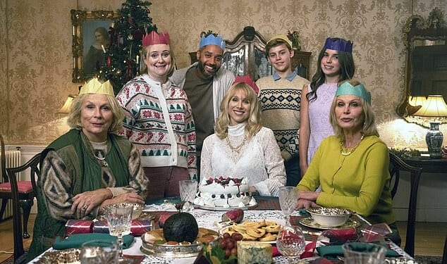 Seated, left to right, Jennifer Saunders, Lucy Punch, Joanna Lumley and (behind) the cast of the Amandaland special