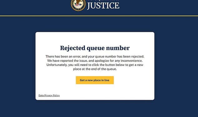 An image of the technical problems encountered when Americans try to access the Epstein files on the Department of Justice website
