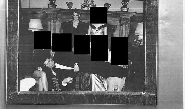 A picture of Andrew Mountbatten-Windsor lying across row of women in photo during black-tie event with Ghislaine Maxwell has been released as part of the Epstein files