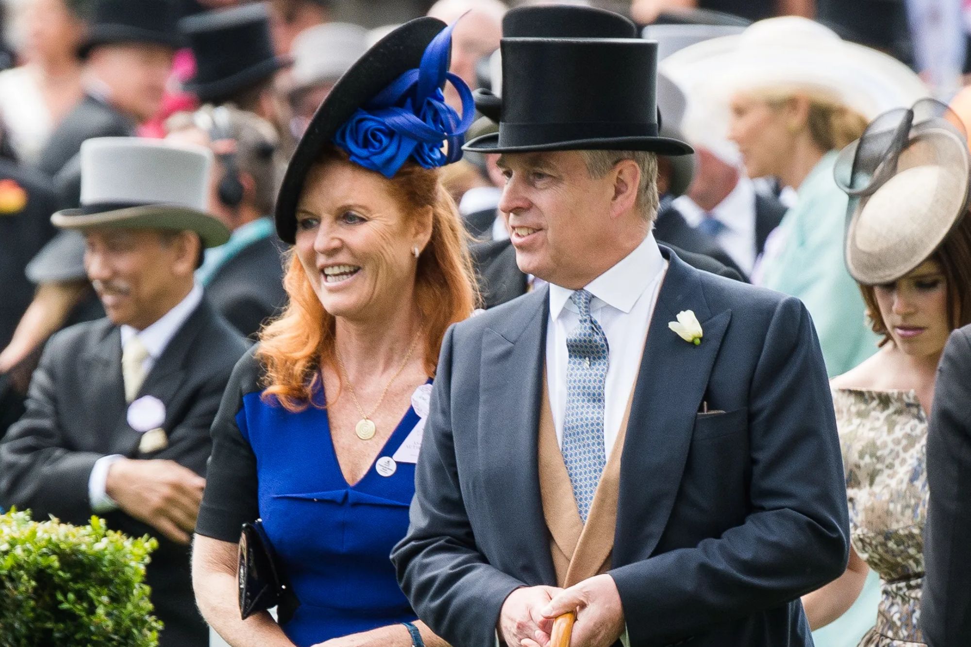 An image collage containing 1 images, Image 1 shows Sarah Ferguson and Prince Andrew attend Royal Ascot