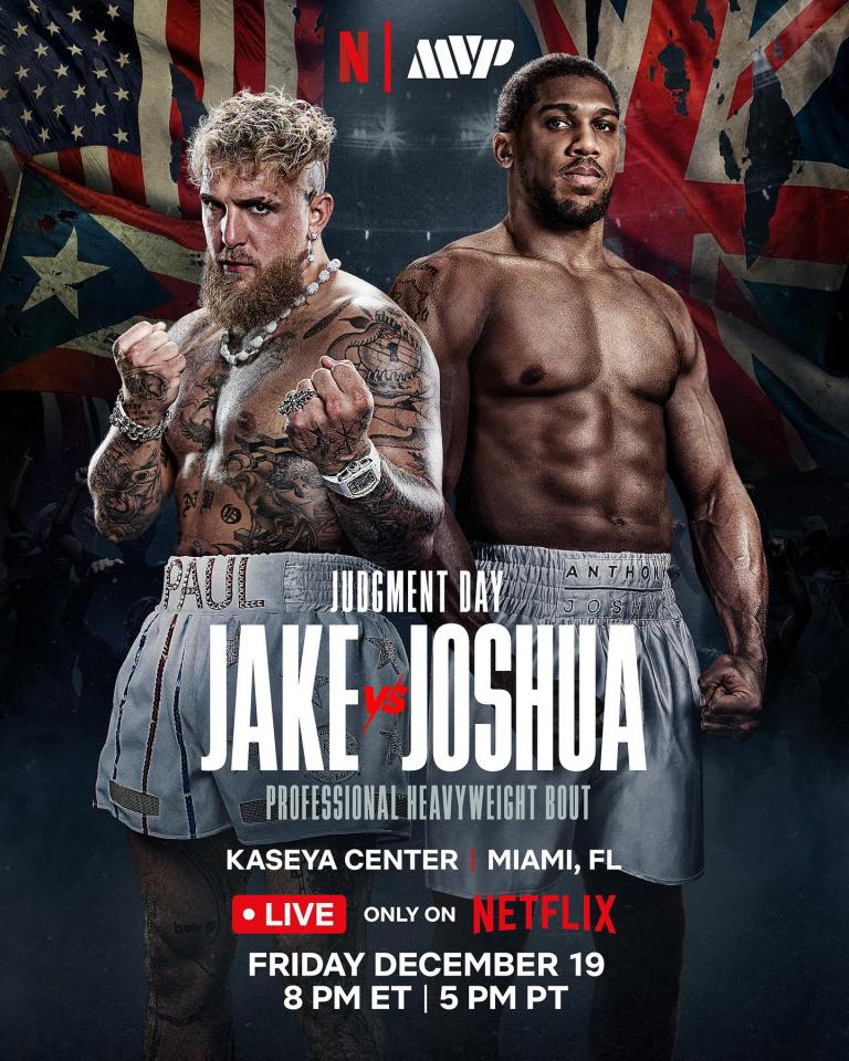 Illustration for the Jake Paul vs. Anthony Joshua professional heavyweight bout, with both boxers standing in front of their respective national flags.