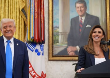 President Donald Trump listens as White House Presidential Counselor Alina Habba delivers remarks before being sworn in as the interim U.S. Attorney for New Jersey March 28 in the Oval Office at the White House in Washington, D.C.