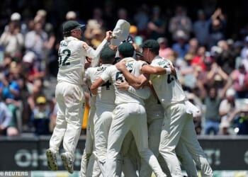 Pictured: The Aussies celebrate in wild scenes after Josh Tongue's downfall sealed a dramatic 82-run victory in Adelaide - and gave them the series victory