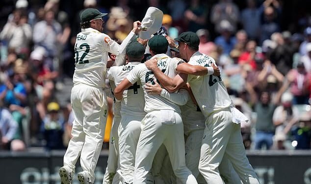 Pictured: The Aussies celebrate in wild scenes after Josh Tongue's downfall sealed a dramatic 82-run victory in Adelaide - and gave them the series victory