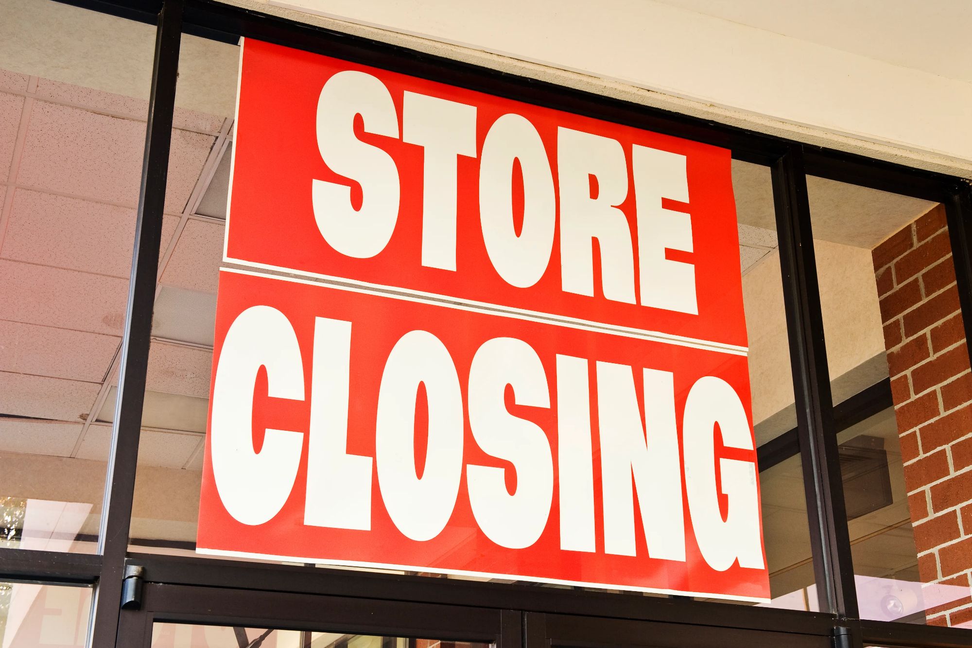 An image collage containing 1 images, Image 1 shows Red "STORE CLOSING" sign in a storefront window