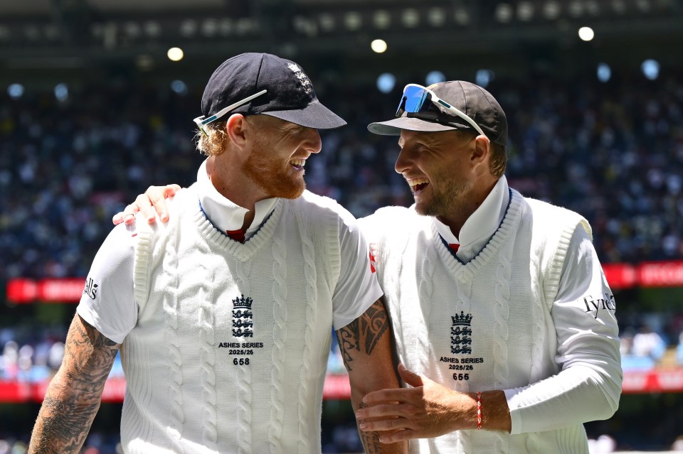 Ben Stokes and Joe Root laugh during day two of the Fourth Test in the 2025/26 Ashes Series.