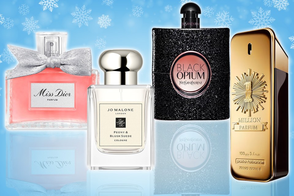Four perfume bottles: Miss Dior, Jo Malone Peony & Blush Suede, Yves Saint Laurent Black Opium, and Paco Rabanne 1 Million.