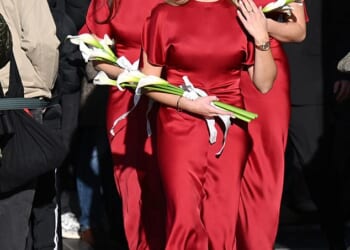 Bethany Peaty joined Holly Ramsay's sisters Tilly and Megan as they led the bridal party at the couple's wedding on Saturday (L-R Megan Ramsay, Tilly Ramsay and Bethany Peaty)