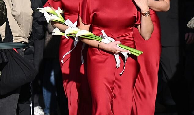 Bethany Peaty joined Holly Ramsay's sisters Tilly and Megan as they led the bridal party at the couple's wedding on Saturday (L-R Megan Ramsay, Tilly Ramsay and Bethany Peaty)