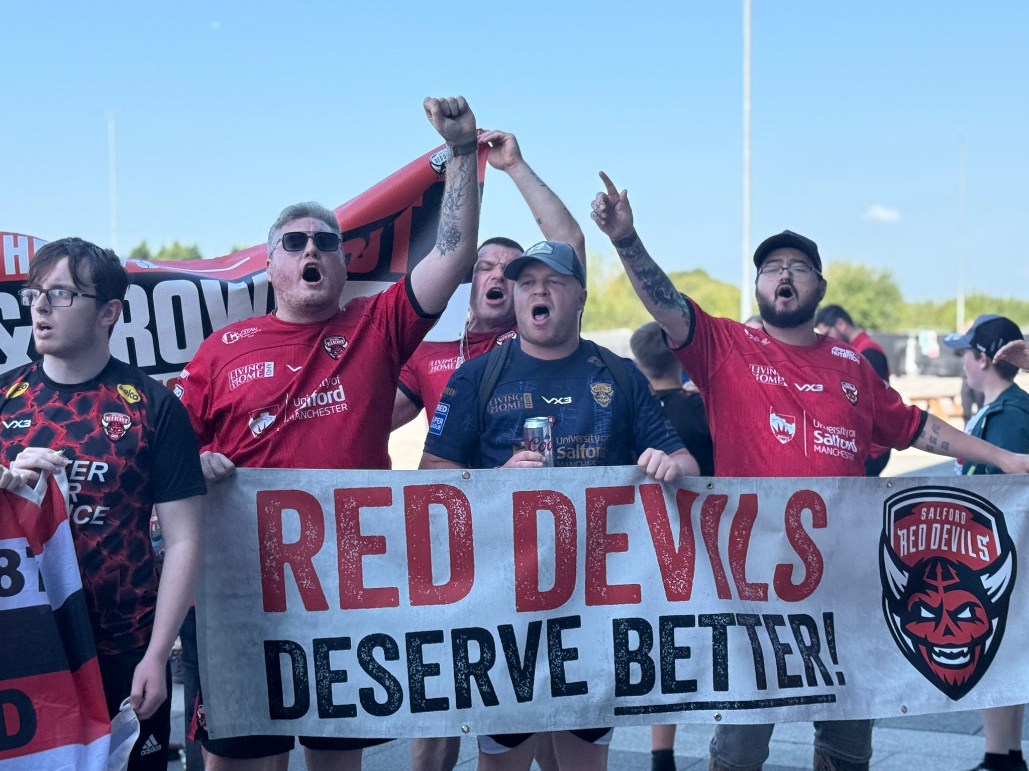 Salford Red Devils fans protesting against owners.