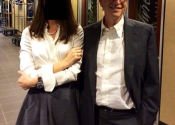 In undated images from the latest Epstein files release, Bill Gates is seen with two women whose faces were redacted (pictured above)