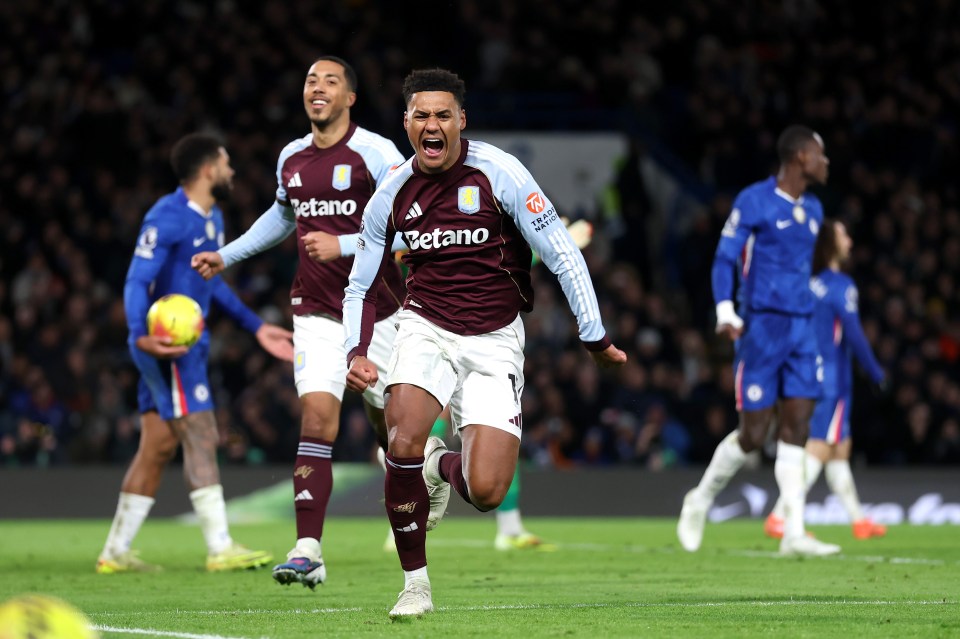 Ollie Watkins of Aston Villa celebrates his team's first goal against Chelsea.