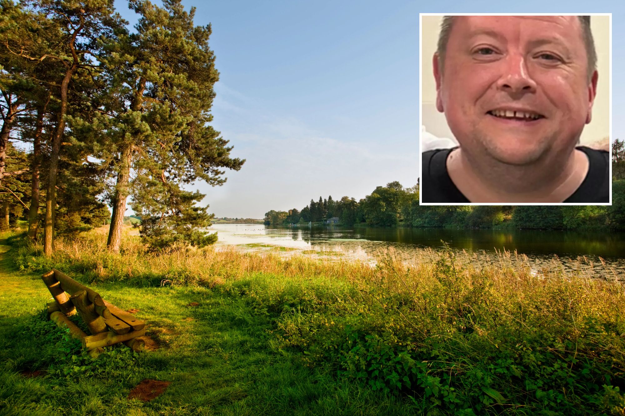 An image collage containing 2 images, Image 1 shows View across Thornton Reservoir with a church in the distance, Image 2 shows Mark Parry smiling