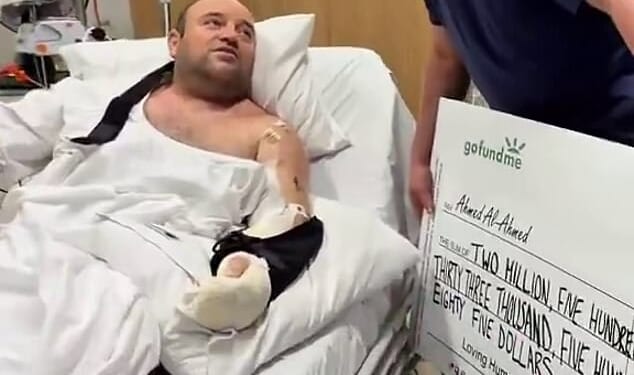 Pictured is the moment Mr Al-Ahmed was handed a $2.5million cheque in hospital