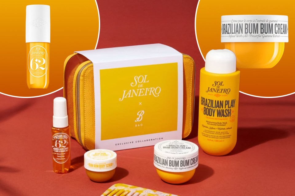 A Sol de Janeiro collection with a yellow travel bag, perfume mist, body wash, body scrub, and bum bum cream.