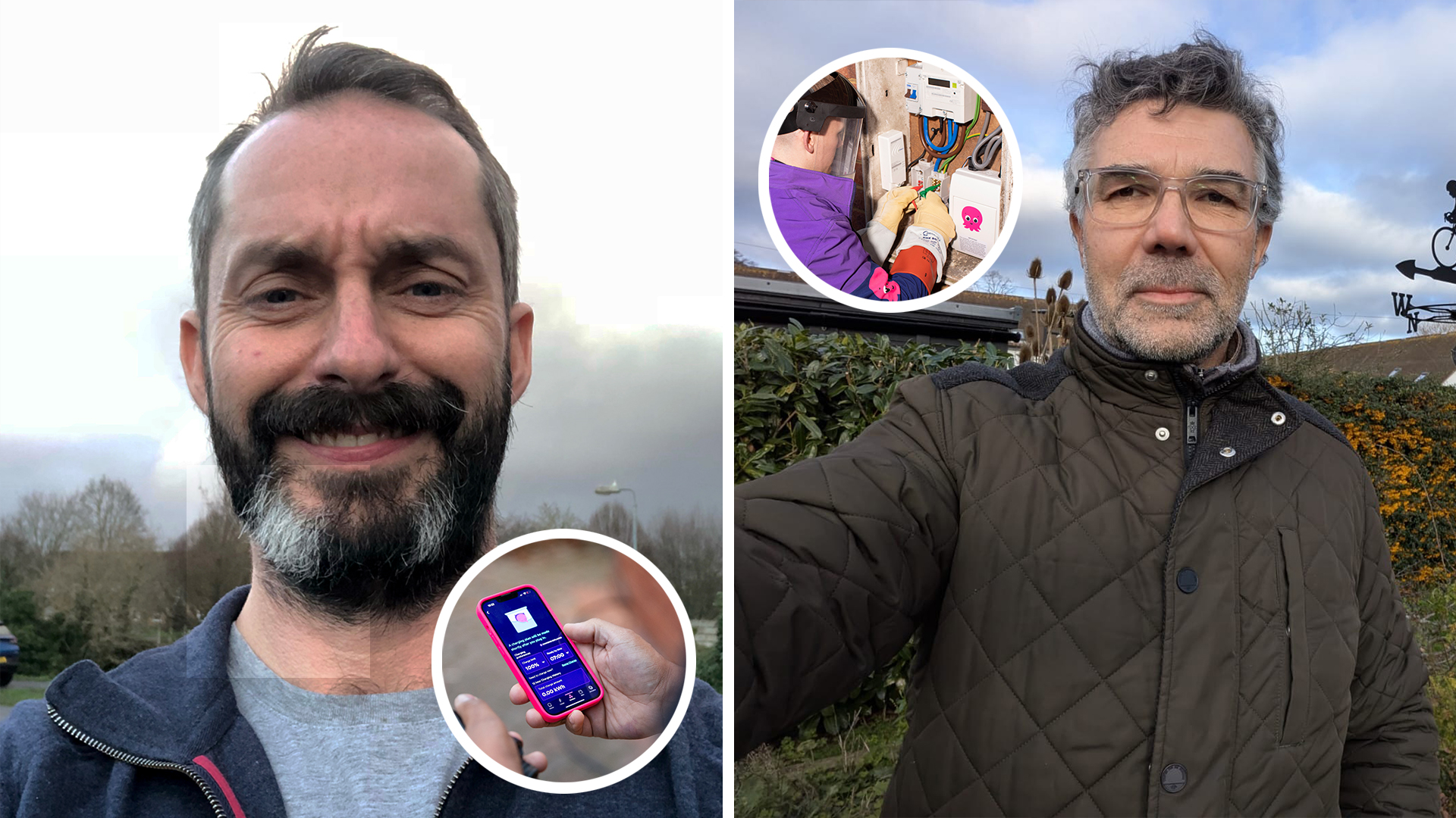 Collage of two men, one with a beard and another with glasses, along with two circular insets showing smart meter installation and a smartphone displaying an energy app.