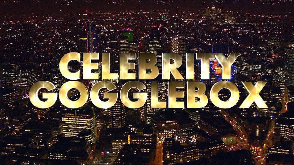 Celebrity Gogglebox logo over a nighttime city skyline.