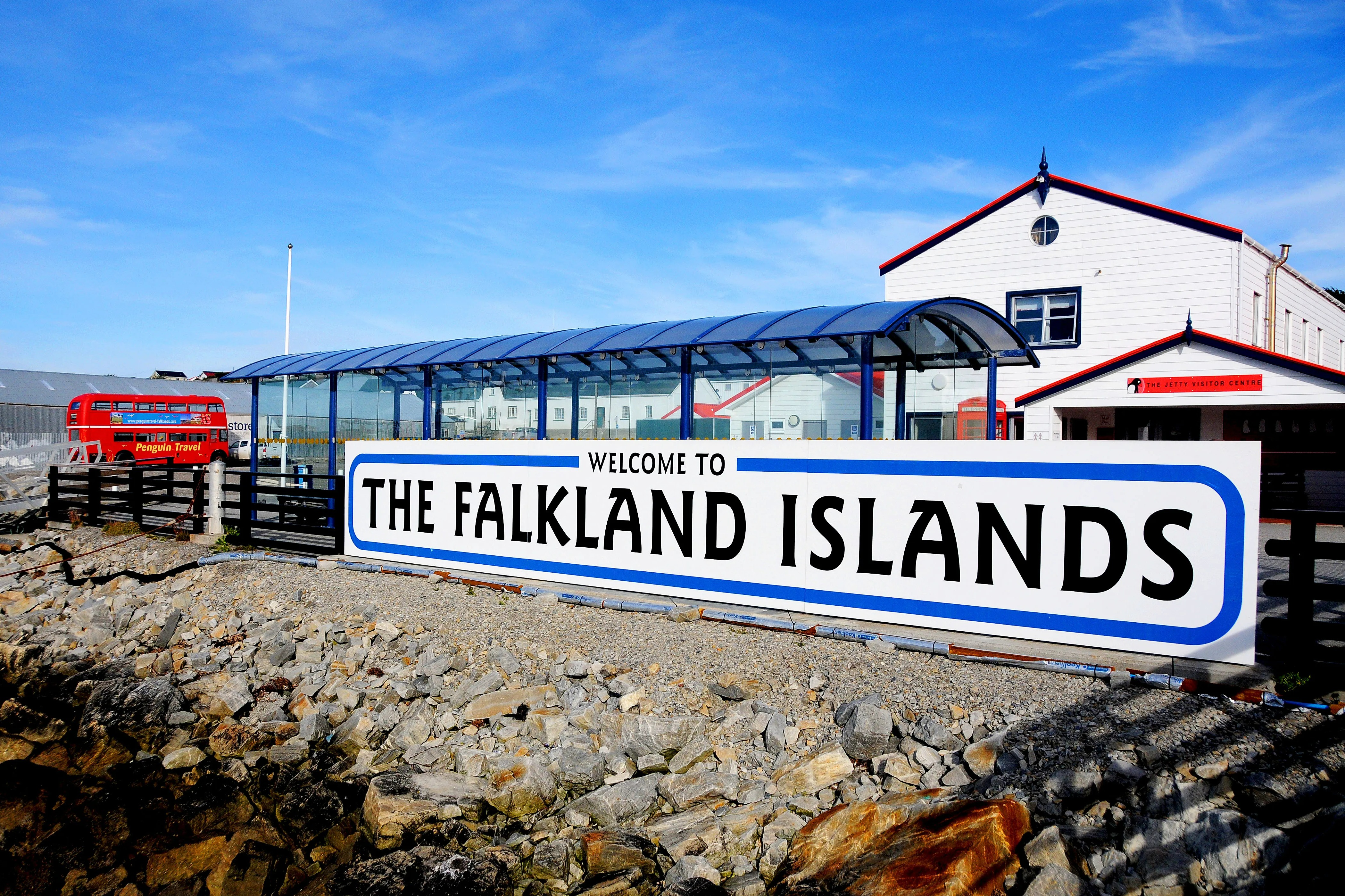 Welcome sign in the harbour of Stanley / Falkland Islands