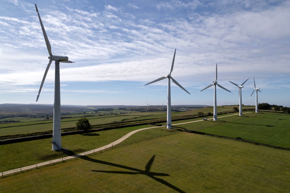 Aerial view of wind turbines at Royd Moor onshore Wind Farm.