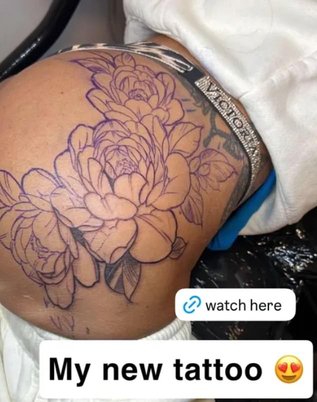 Katie Price is well known for her love of tattoos and has an ever-expanding collection which now includes a large floral design on her bottom (pictured)