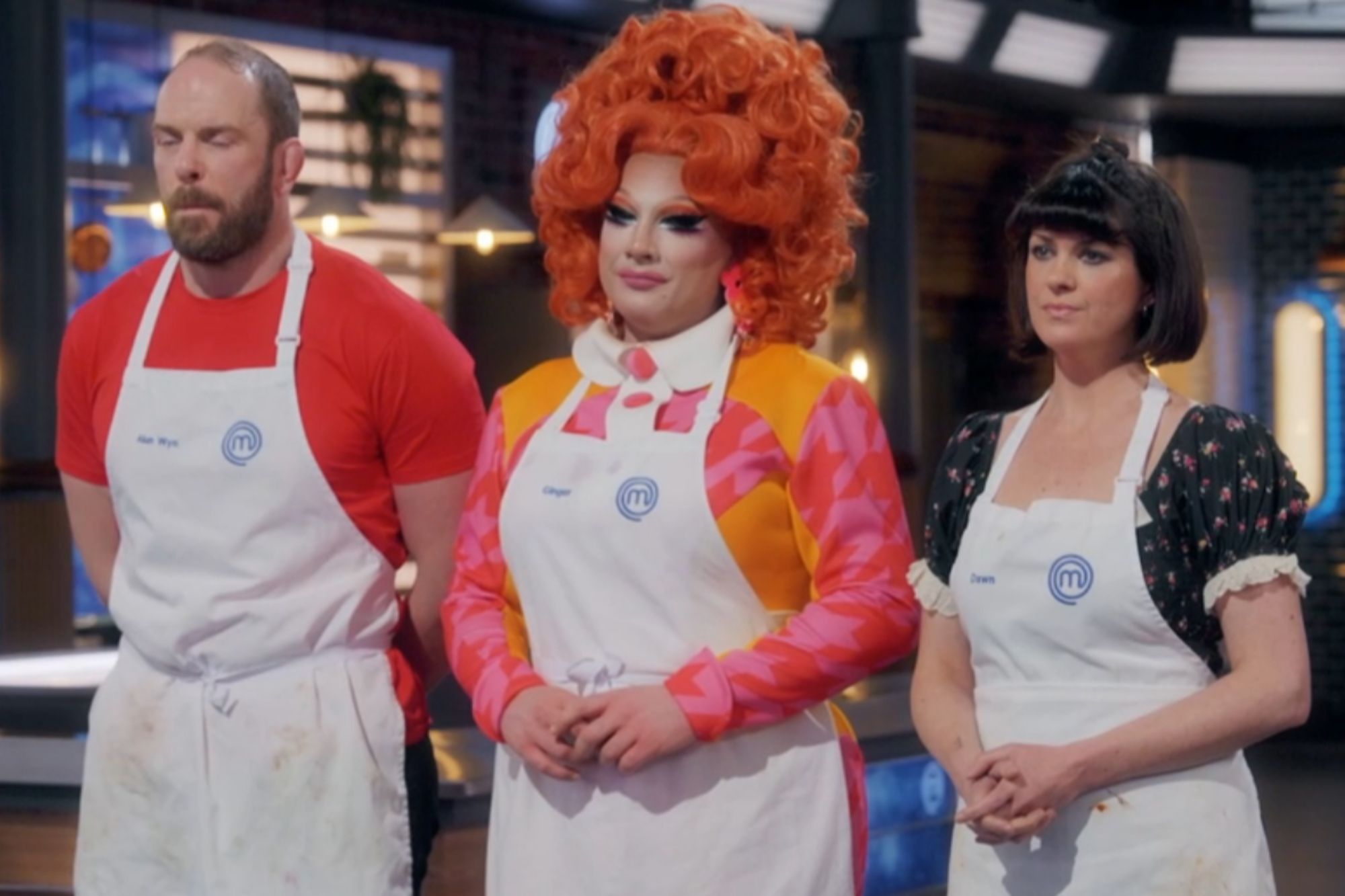 An image collage containing 1 images, Image 1 shows Three contestants, one man and two women, wearing white aprons with the MasterChef logo