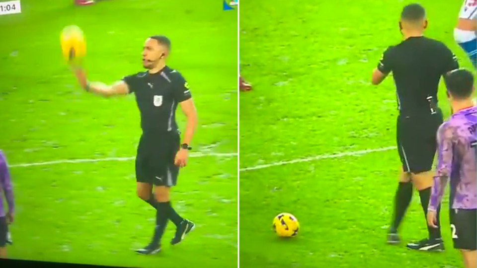 Collage of a referee struggling to get a soccer ball to bounce.