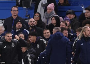 The water bottle (top right) was launched at the Aston Villa bench after their win