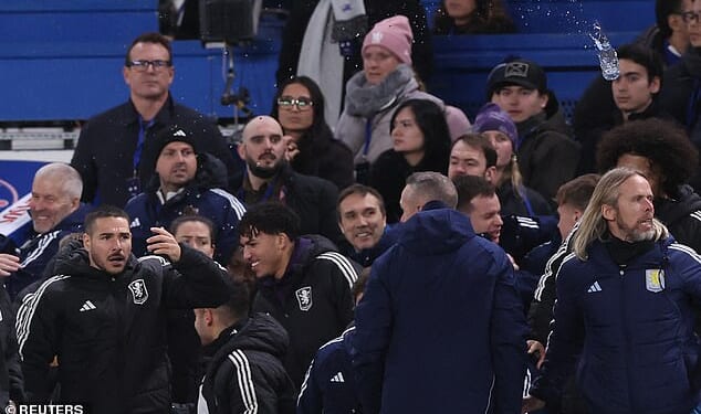 The water bottle (top right) was launched at the Aston Villa bench after their win