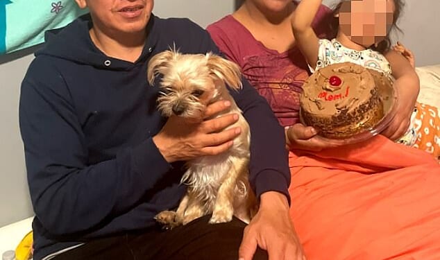 Pablo Criollo, 45, was killed after being shot by an arrow on Saturday while walking home from work. He was pictured with Paula Amez, his wife, and his daughter