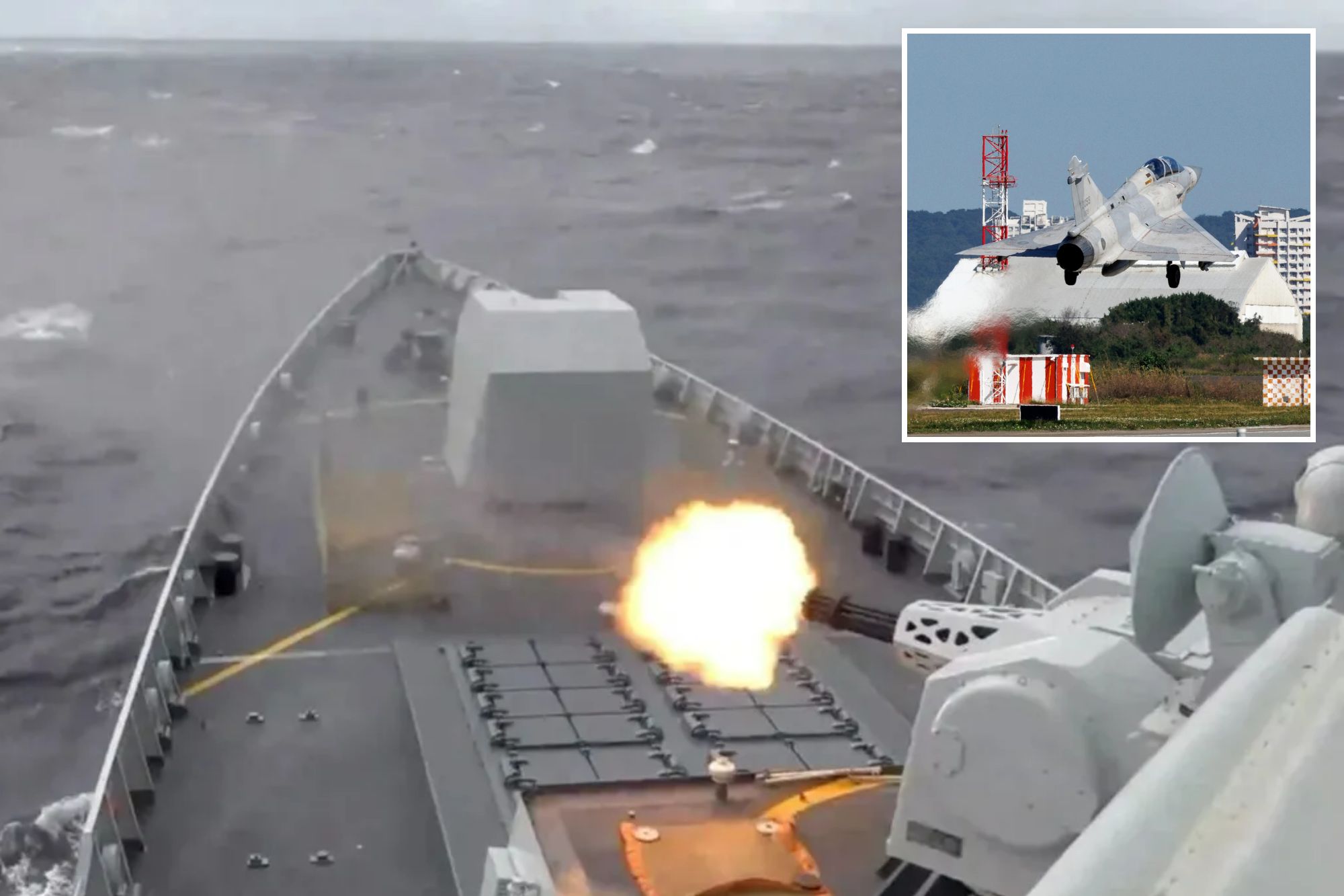 An image collage containing 2 images, Image 1 shows A Chinese naval ship fires a weapon during drills east of Taiwan, Image 2 shows A Taiwan Air Force Mirage 2000 fighter jet taking off from Hsinchu Air Base