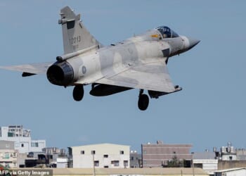 A Taiwanese air force Mirage 2000 fighter jet takes off at Hsinchu Air Base in Hsinchu on December 29, 2025