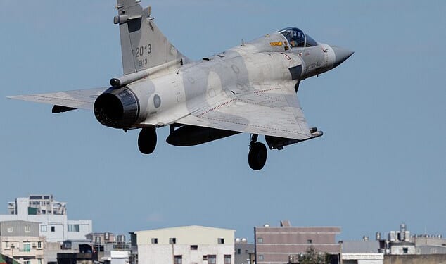 A Taiwanese air force Mirage 2000 fighter jet takes off at Hsinchu Air Base in Hsinchu on December 29, 2025