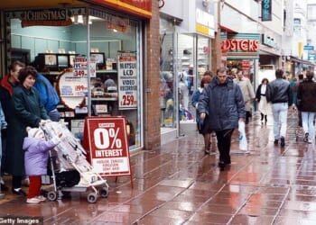 Christmas shopping in the pre-internet days of the 1980s meant hitting the high street, with the nation's major shopping centres and precincts crowded from dusk til dawn with shoppers buying gifts (Pictured: Linthorpe Road in Middlesborough in December, 1989)