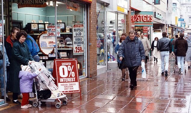 Christmas shopping in the pre-internet days of the 1980s meant hitting the high street, with the nation's major shopping centres and precincts crowded from dusk til dawn with shoppers buying gifts (Pictured: Linthorpe Road in Middlesborough in December, 1989)
