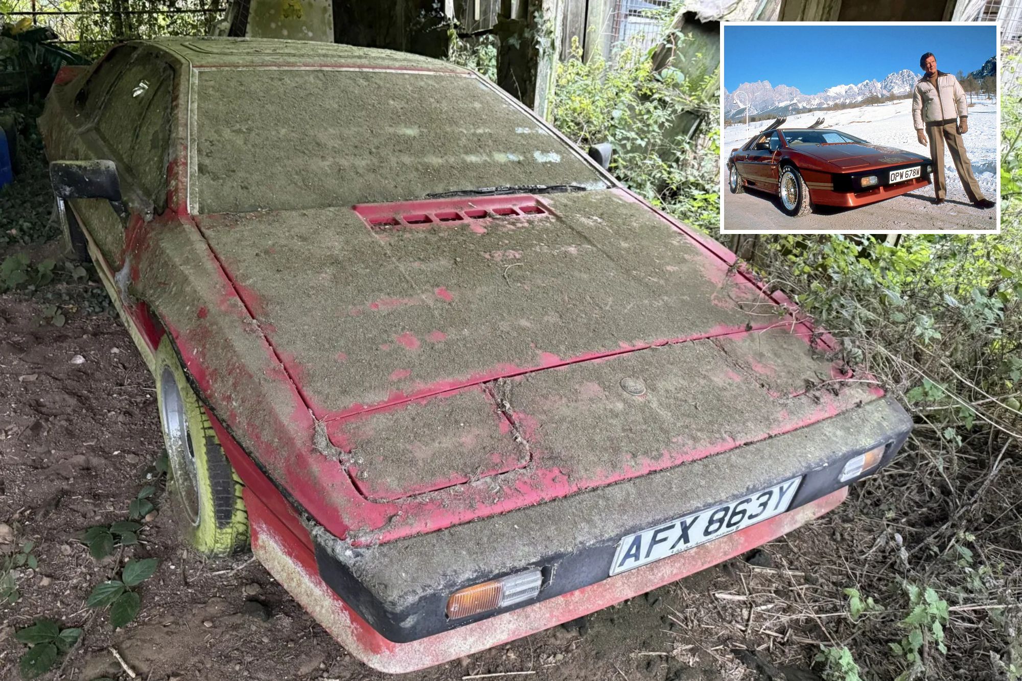 An image collage containing 2 images, Image 1 shows A red 1982 Lotus Esprit Turbo sports car covered in moss, Image 2 shows Roger Moore as James Bond standing next to a Lotus Esprit Turbo with skis on top in a snowy mountain landscape