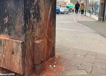 Structures in Wembley stained with a reddish-brown substance from people spitting out paan
