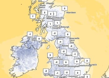 The Met Office's temperature predictions for New Year's Eve, which predicts a cold snap this week following comparatively balmy conditions at the beginning of this month