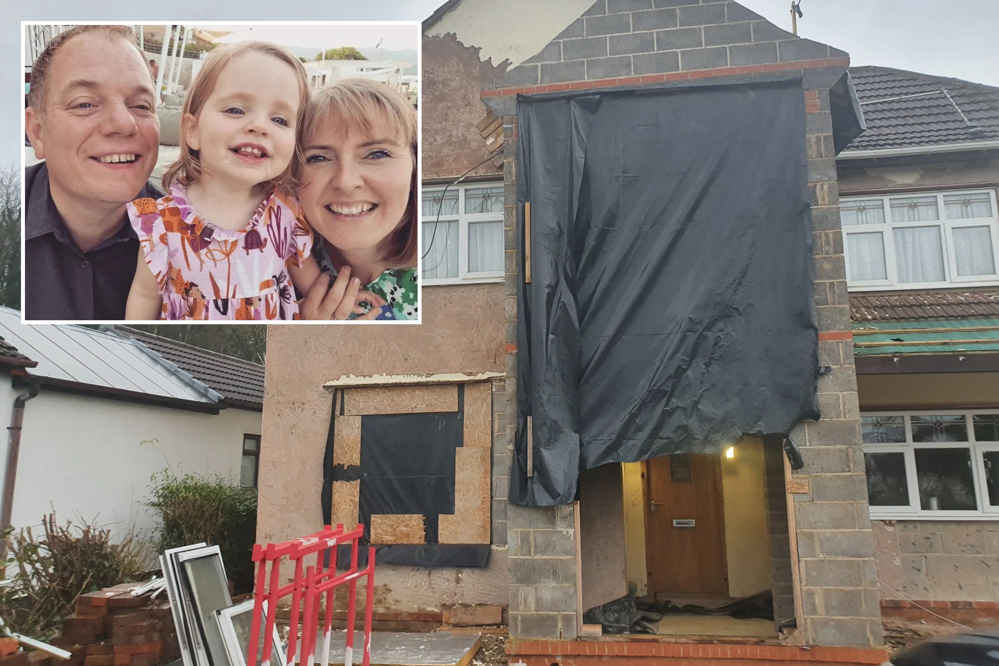 An image collage containing 2 images, Image 1 shows A house with unfinished construction, showing exposed brickwork and tarpaulin covering parts of the exterior, Image 2 shows An aerial view of Andy Clarke's home in Chesterfield which was left in ruins by a fraudulent builder
