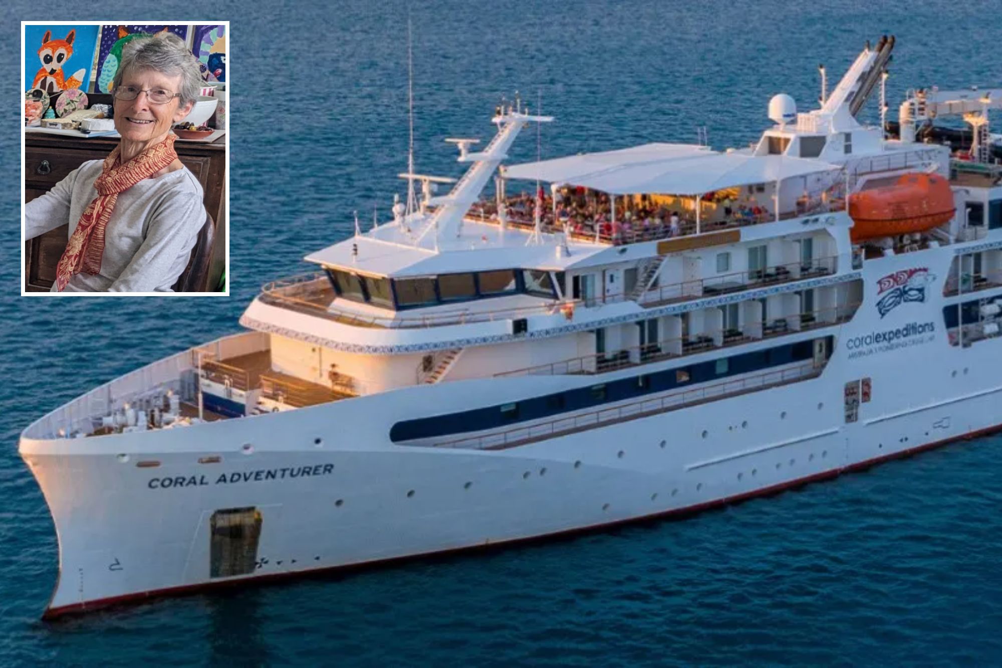 An image collage containing 2 images, Image 1 shows The Coral Adventurer cruise ship on the water, Image 2 shows Suzanne Rees posing for a photograph in Australia