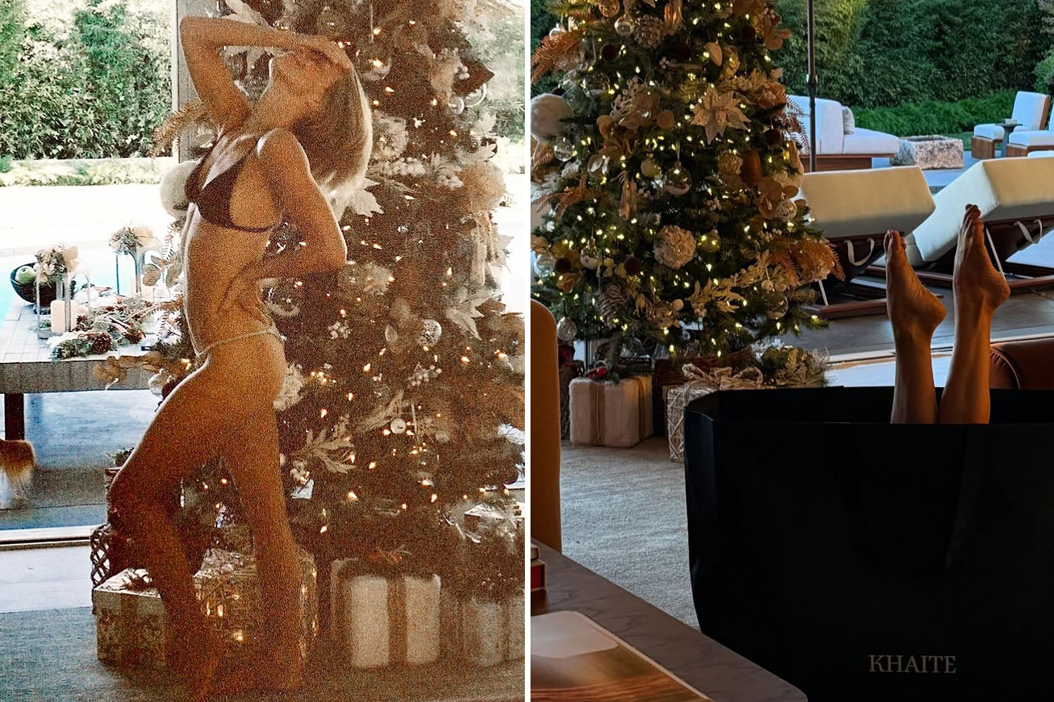 Collage of Julianne Hough in a bikini next to a Christmas tree and her legs sticking out of a black gift box.
