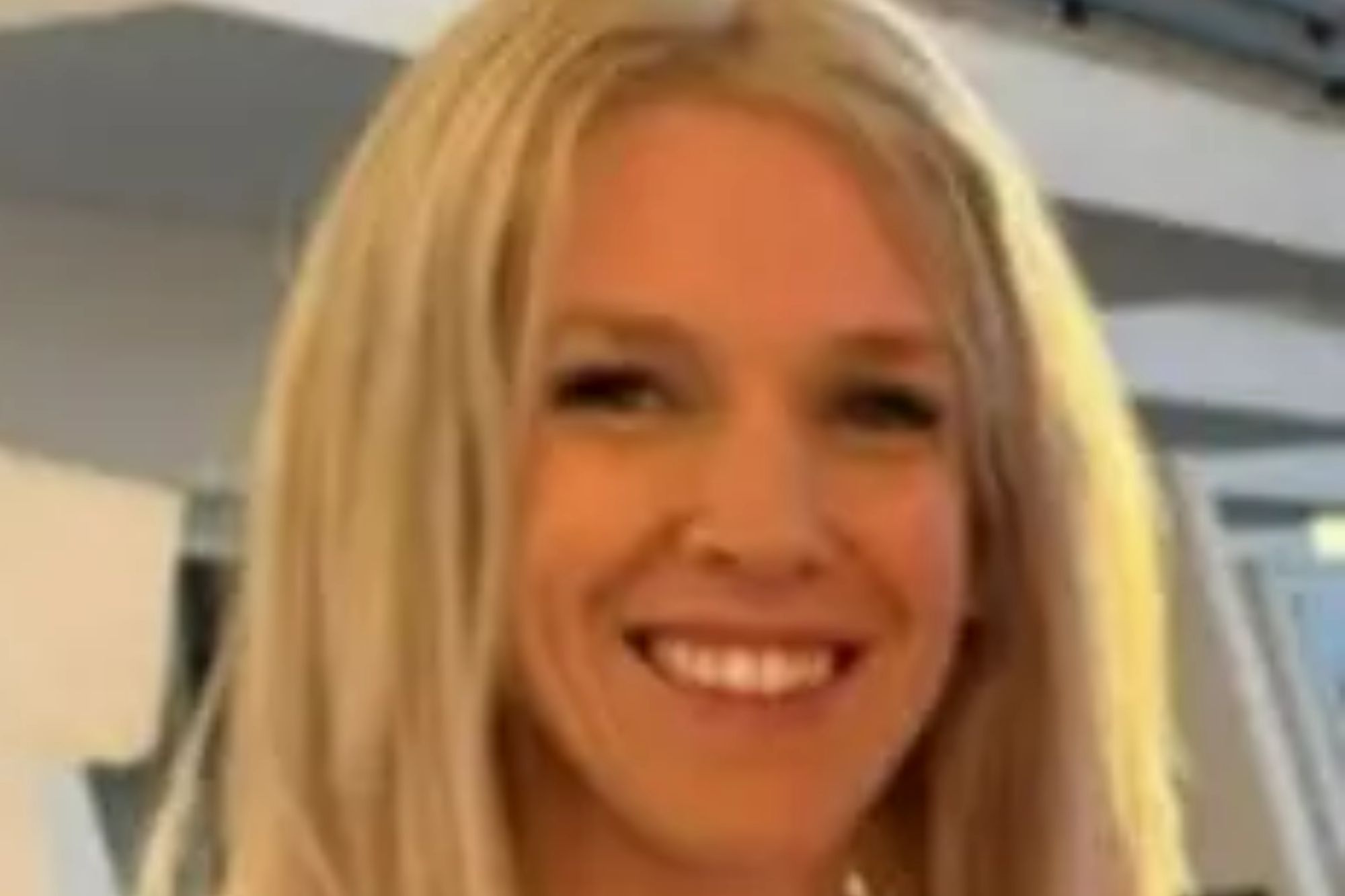 An image collage containing 1 images, Image 1 shows A young woman with long blonde hair smiles while wearing a white ribbed tank top and a silver necklace