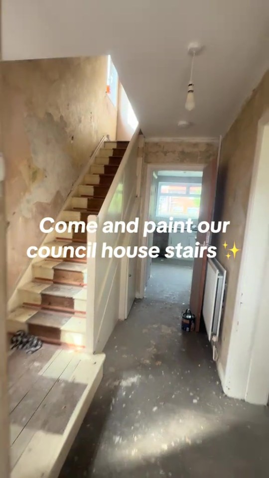 An indoor shot of the bottom of a staircase in a hallway with peeling wallpaper and text that reads, "Come and paint our council house stairs."