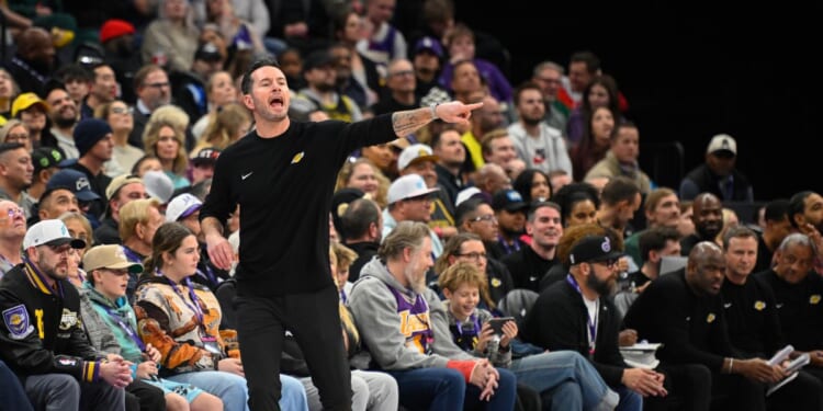 Head coach JJ Redick of the Los Angeles Lakers yells to his team during the second half of a game against the Utah Jazz at Delta Center on Dec. 18, 2025, in Salt Lake City, Utah.