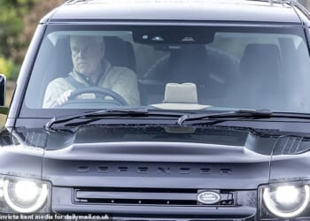 Andrew Mountbatten-Windsor was seen with a solemn expression on his face as he drove his Land Rover defender out of Royal Lodge today